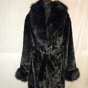 Black Faux Fur Long Coat with Belt (Vegan Materials)